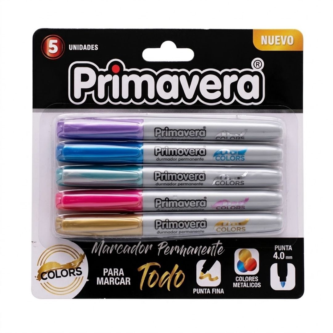 Marcador Permanente Primavera Punta Fina Metal x 5
