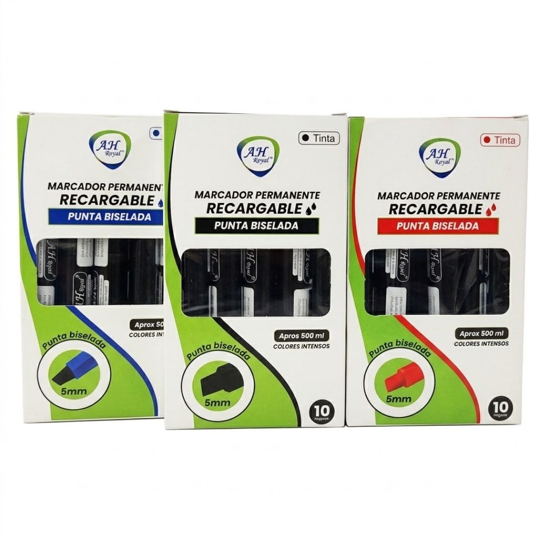 Marcador AH Royal Permanente Recargable Negro x 10