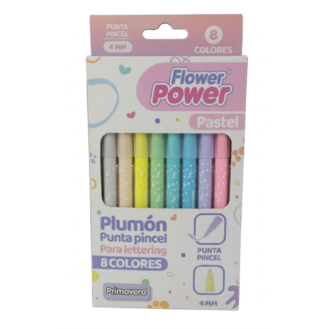 Plumón Primavera Flower Power Punta Pincel Pastel x 8