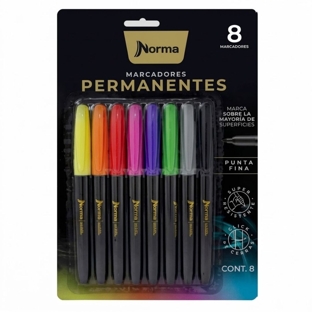 Marcadores Norma Premium Punta Fina Tonos Fuertes x 8